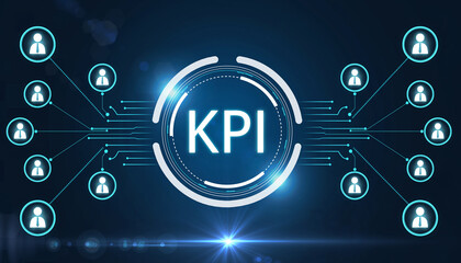 KPI Key Performance Indicator: Digital representation of a KPI metric with network connections and user icons, signifying strategic measurement and analysis