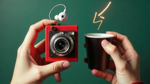 Video A person holds a camera and a cup of coffee, ready for a creative moment