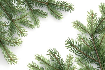 natural green pine branches forming top and side border, clean white background, minimal Christmas layout, soft shadows, crisp details, realistic needles, commercial stock style