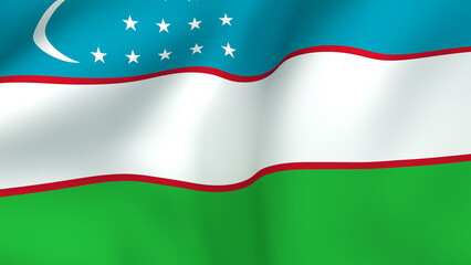 Waving Flag of Uzbekistan, National Symbol with Blue, White, Green Stripes, Crescent, and Stars