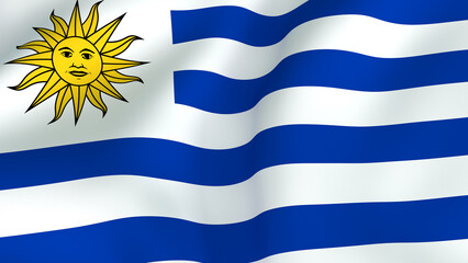 Obraz premium Waving Flag of Uruguay, National Symbol with Sun of May and Blue and White Stripes