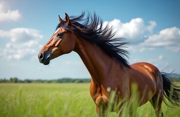 Obraz premium Brown horse with flowing mane runs free across green field under blue sky with white clouds. Majestic equine moves with grace, power in natural outdoor setting. Captures spirit of wildness, nature.