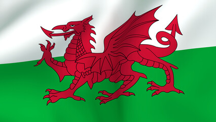 Waving Flag of Wales, National Symbol Featuring the Iconic Red Dragon on White and Green
