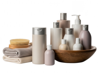 Assorted cosmetic bottles and bath accessories in a rustic bowl on a white background isolated on transparent background