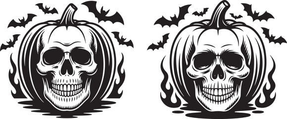 Fototapeta premium Skull in Pumpkin Halloween Decoration Concept, Vector Style, Creepy Theme and Autumn Season
