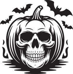 Obraz premium Halloween Skull Face With Pumpkin Decoration Concept, Cartoon Style and Dark Gothic Elements