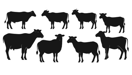 Fototapeta premium Silhouette Collection of Cows, Goats, and Sheep in Minimalist Farm Animal Vector