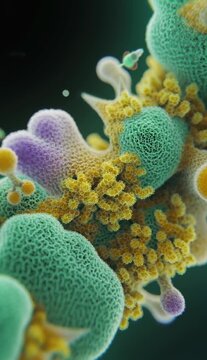 This is a colored scanning electron micrograph (SEM) showing an amoeba (a single-celled protozoan) with bulbous pseudopodia, displaying a textured surface in hues of green, purple, and yellow