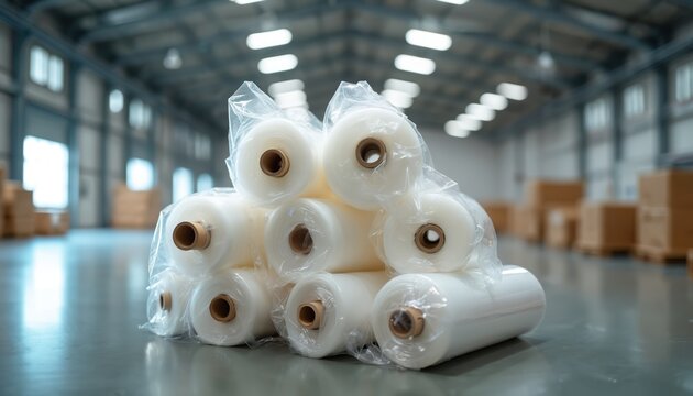 Heap of plastic wrap rolls. Transparent material stored in warehouse. Goods ready for shipment and distribution. Industrial packaging for business.