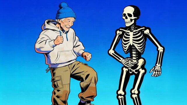 Anime-style cartoon dance, cool elderly man in hoodie & beanie dancing hip-hop style next to a skeleton, both full of energy and attitude