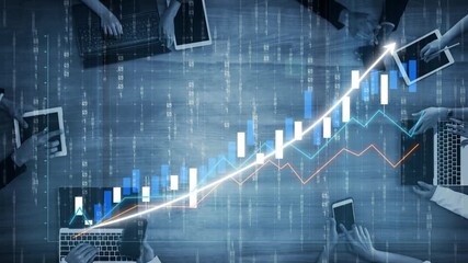 Group of professionals engaged in financial analysis using laptops and tablets, accompanied by stock market trends, showcasing business growth and technological advancement. Copula - Powered by Adobe