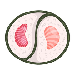 Two types of fish tuna and salmon are placed inside a sushi roll. sushi roll has white rice and green seaweed. filling shows different colors and shapes