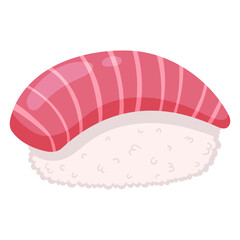 sushi piece is shown with a layer of pink fish tuna placed on mound of white rice. sushi is on a plain background, highlighting food