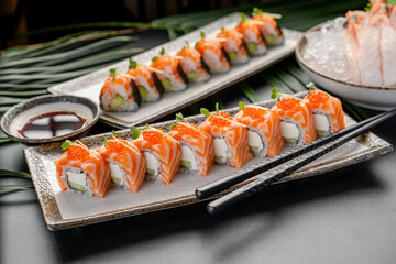 Sushi rolls are arranged neatly on plates. They are made with salmon, rice, and vegetables. Wasabi and soy sauce are served on the side for dipping