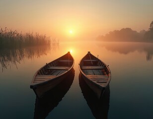 Fototapeta premium Two wooden boats float on a calm lake at sunrise. Sunlight reflects in still water creating a peaceful scene. Fog covers the distant trees. It is tranquil moment.