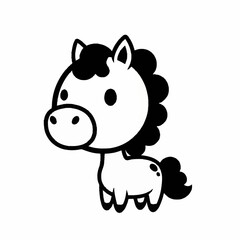 Cute Cartoon Horse with Black Mane and Tail, Simple Line Art.