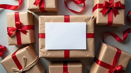 Festive christmas gifts wrapped in kraft paper with red ribbons and blank card for message isolated on white background isolated on transparent background silhouette