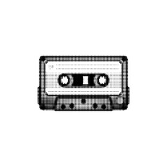 Halftone retro audio cassette illustration in black and white, vintage tape design suitable for music, nostalgia, and retro-themed creative projects.