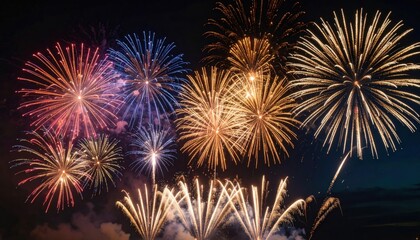 Naklejka premium Stunning night sky explodes with vibrant red blue and gold fireworks celebrating a joyous festive occasion