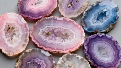 Colorful agate slices with various patterns and hues