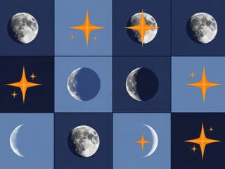 Moon phases and golden stars grid pattern on blue backgrounds, a captivating celestial mosaic composition.