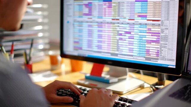 Cinematic Close-Up of a Young Accountant Working on a Spreadsheet at a Desktop Computer, Back Facing the Camera as the Shot Pans Forward, Highlighting Focus, Precision, and Modern Office Workflow