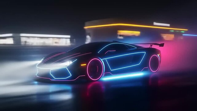 Futuristic Sports Car with Neon Lights Speeding Through a Dark, Urban Environment at Night.