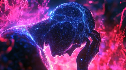 Cyber AI-enhanced humanoid robot deep in thought.