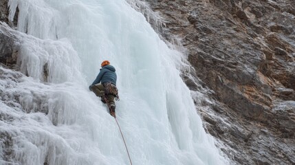Person rock climbing on a steep cliff. the person is wearing a blue jacket, pants, and an orange helmet, and is attached to a rope for safety.