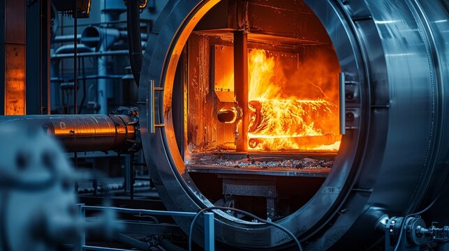 In an industrial steel manufacturing facility, a furnace emits bright flames, showcasing the heat of production - Powered by Adobe