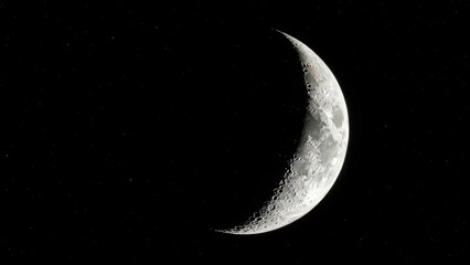 Crescent moon displaying its cratered surface and distinct lunar features against a vast starry expanse