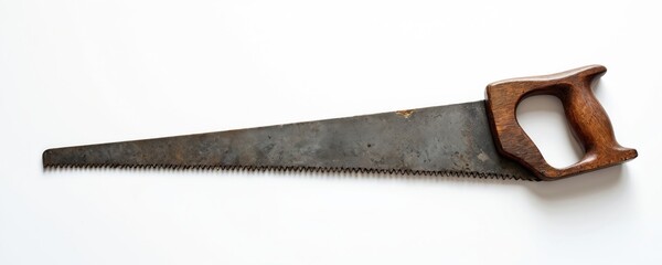 Old handsaw with wooden handle rests on plain white surface. Tool for cutting wood with sharp metal teeth and rustic patina. Ready for carpentry projects, home improvement, or renovation tasks.