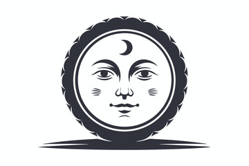 Engraved moon face illustration displays an old celestial style with shadowy details