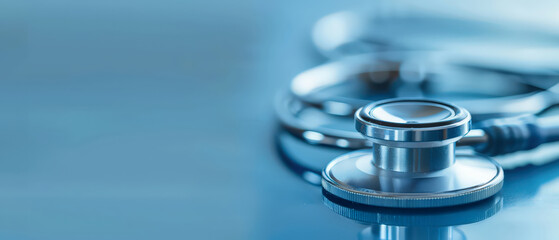 Close-up of a stethoscope on a clean blue surface, symbolizing modern healthcare, diagnostics and medical professionalism. Minimalistic composition suitable for hospital and health-related themes.