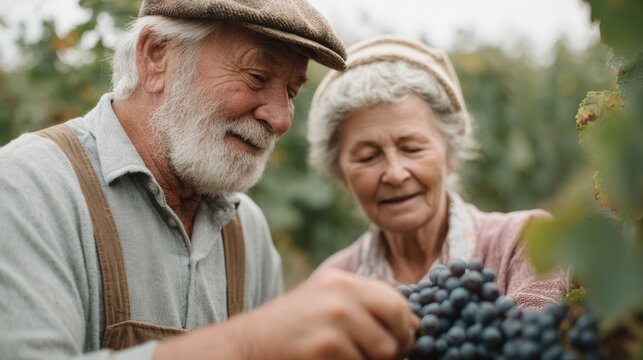 Elderly couple in a vineyard. the man is on the left side of the image, wearing a beige cap and a gray shirt, and the woman on the right side is wearing a pink dress.