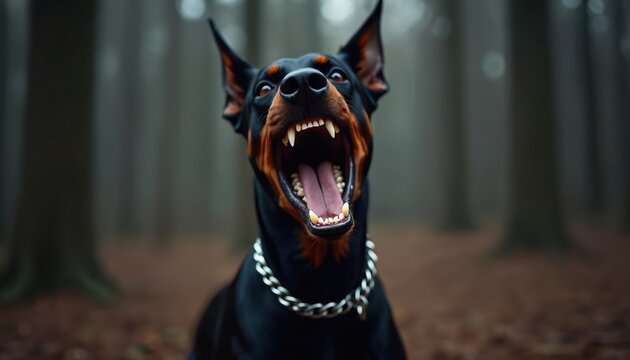 Doberman dog barks aggressively in forest. Open mouth shows sharp teeth and tongue. Dark fur animal wears silver chain collar. Fierce guard dog shows wild protective nature.