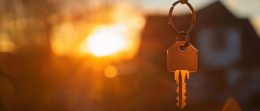 Close-up of metal house keys hanging on a keyring outdoors at warm sunset, with soft golden bokeh and a blurred background creating a cozy atmosphere and symbolic feeling of home. - Powered by Adobe