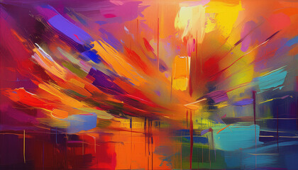 Colorful Abstract Painting with Bold Brushstrokes, Vibrant Modern Art in Red, Blue, Yellow, and Purple Tones, Expressive Contemporary Artwork