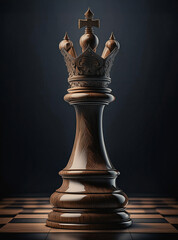 Majestic Wooden Chess Queen with Ornate Crown on Chessboard, Realistic 3D Render with Polished Wood Texture and Regal Detail