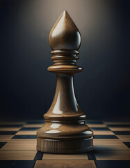 Realistic Wooden Chess Bishop Piece on a Chessboard, Detailed 3D Render with Polished Wood Texture and Dramatic Lighting