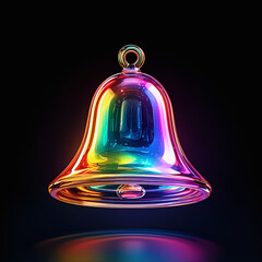 Colorful Neon Glass Bell Icon, 3D Holographic Notification and Alert Symbol in Vibrant Digital Art Style