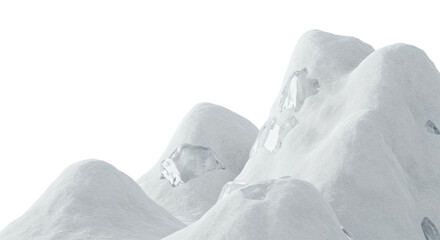 Monolithic, undulating forms of crystalline white snow and smooth glacial ice in a hyper-detailed macro studio shot, isolated on transparent with copy space. Concept for luxurious winter