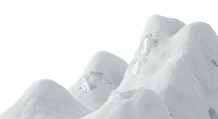 Monolithic, undulating forms of crystalline white snow and smooth glacial ice in a hyper-detailed macro studio shot, isolated on transparent with copy space. Concept for luxurious winter