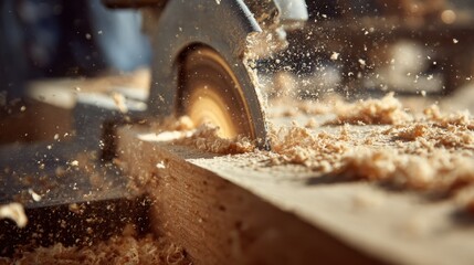 Close up of a circular saw blade cutting through wood creating sawdust
