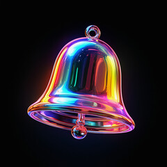 Colorful Neon Glass Bell Icon, 3D Holographic Notification and Alert Symbol in Vibrant Digital Art Style