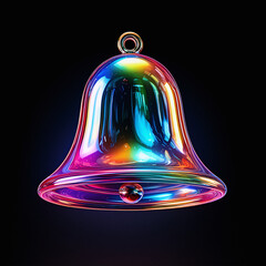 Colorful Neon Glass Bell Icon, 3D Holographic Notification and Alert Symbol in Vibrant Digital Art Style