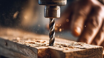 Close up of a drill bit boring into wood creating sawdust with a blurred hand in the background