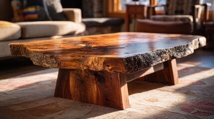 Live edge wooden coffee table with unique grain patterns rests on a textured rug in a sunlit room