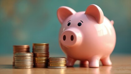 Pink pig money box sits beside stacks of coins. This image represents saving money for future goals like a down payment for a house or retirement fund.