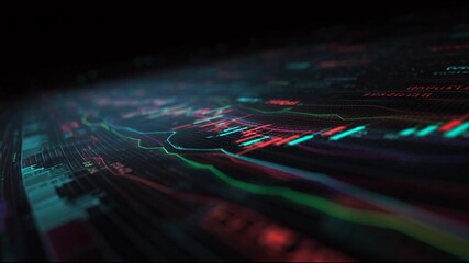 Futuristic stock market finance trading candlestick chart data analytics investment volatility technology scene with neon color dark background, trend line graph visualization and digital screen - Powered by Adobe
